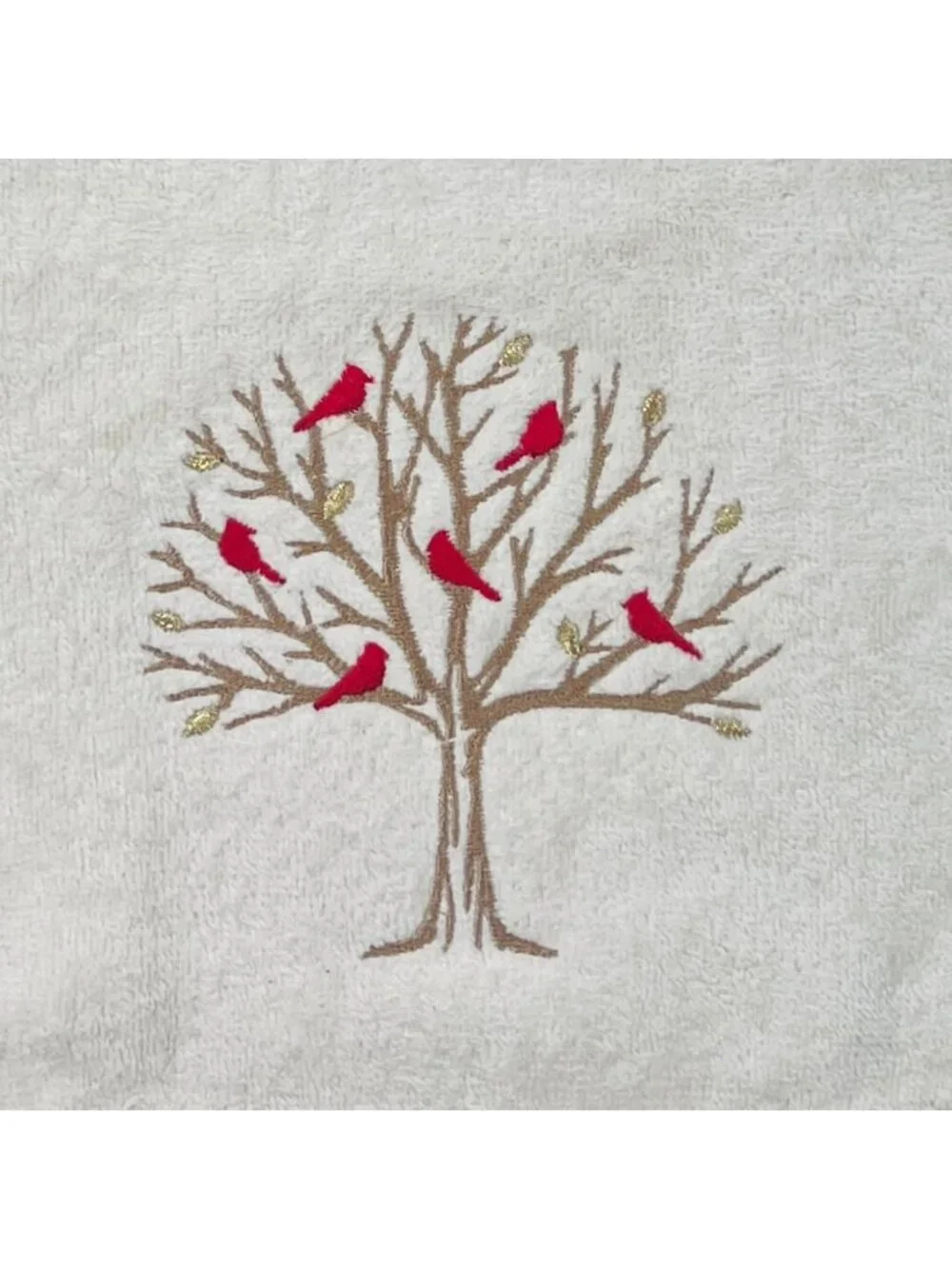 Embroidered Cardinal Hand Towels Set of 2 - Fall Tree Design, 100% Cotton, Ivory